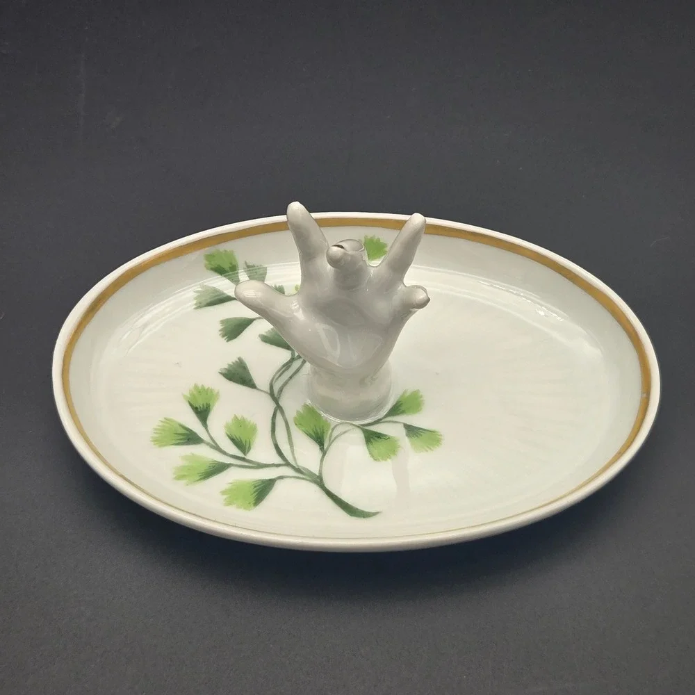 Vintage Porcelain Mini Hand Ring Holder Dish White Gold‎ Trim Made in France 5